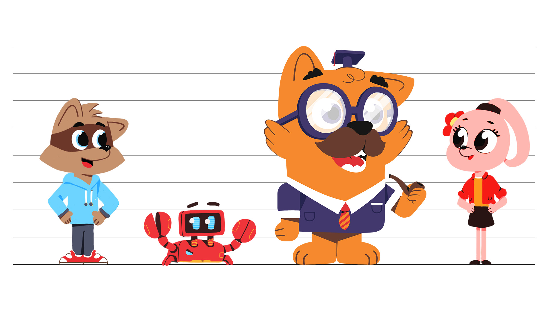 Illustration de Coody, Crooby, prof Moustache et Luna (les héros dans le jeu CoodStudio)