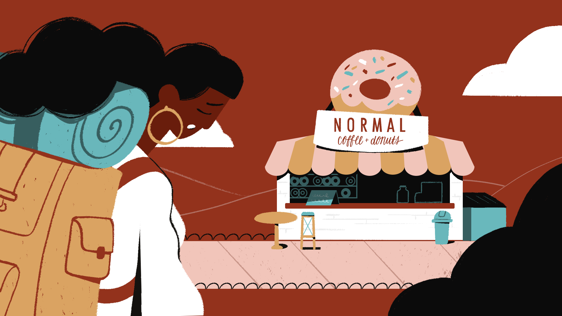 Une jeune femme à la peau foncée avec un sac à dos semble fatiguée et se dirige vers un comptoir normal café + donuts