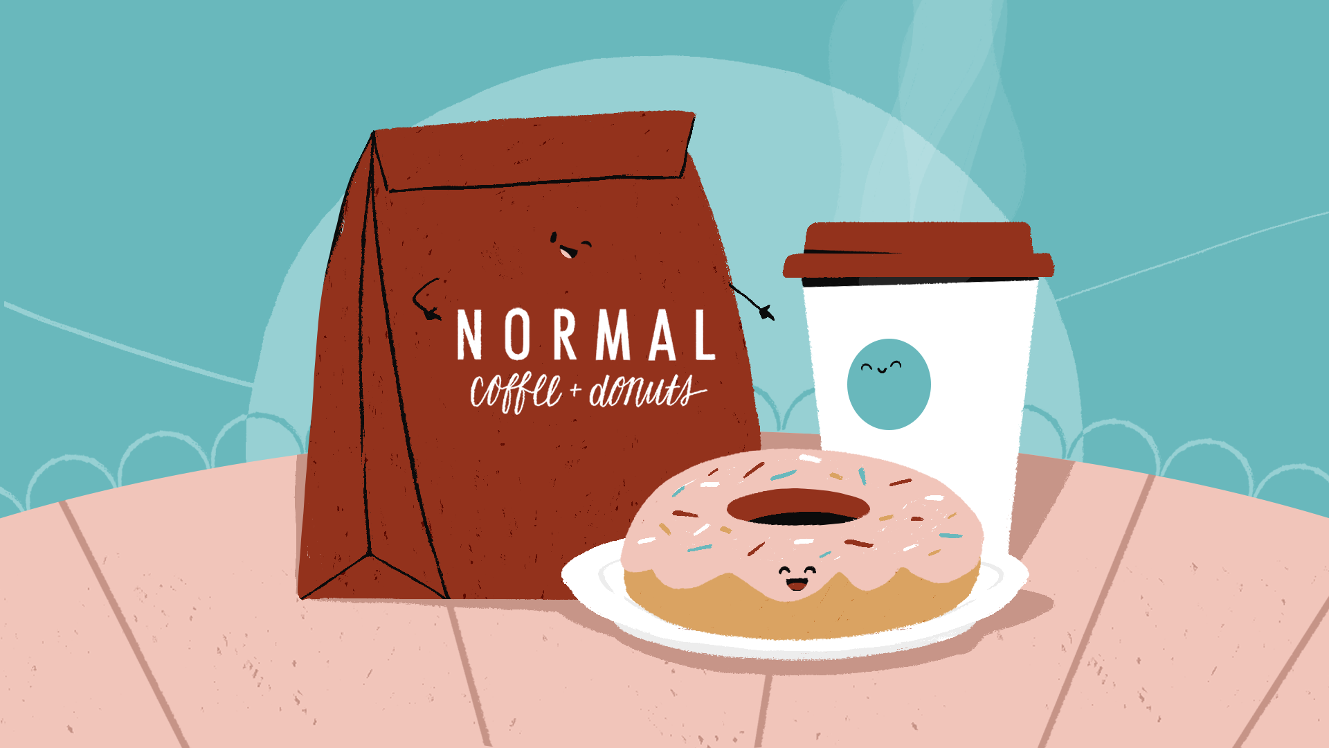 Ecran de fin de l'animation avec un sachet Normal Café + donuts, un café et un donuts sur une assiette posés sur une table. Les 3 éléments ont un petit visage et sourient