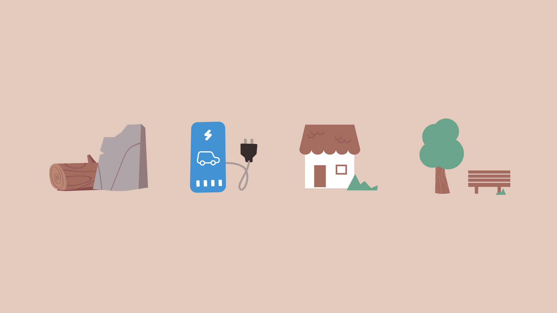 4 icônes représentant du bois et de la pierre, un chargeur de voiture électrique, un commerce et des espaces verts