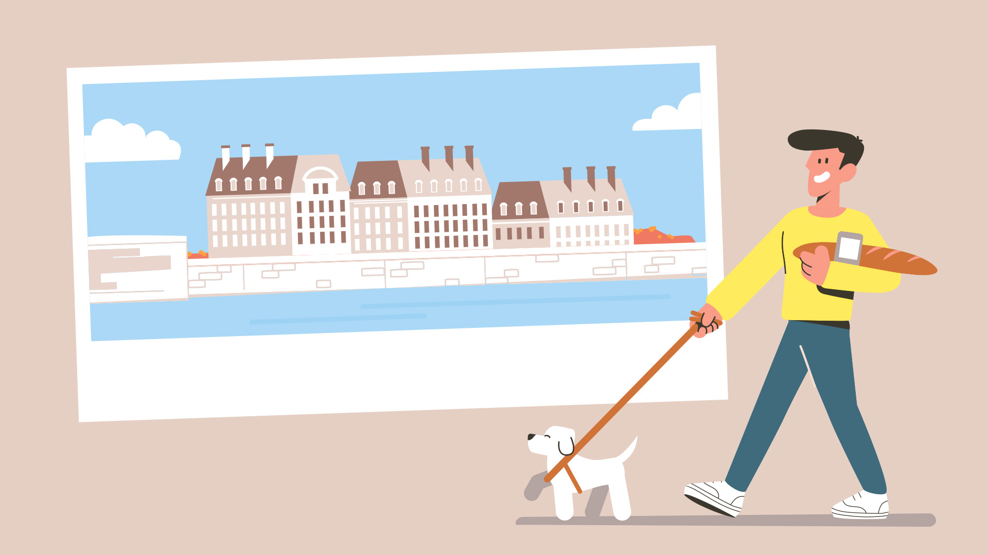 Un jeune homme à la peau claire rentre des courses et promène son chien face à un polaroid représentant une ville claire au bord de l'eau